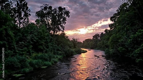 A tranquil river winding through lush nature, the sunrise casting a golden glow on the water, a dramatic yet peaceful sky above.
