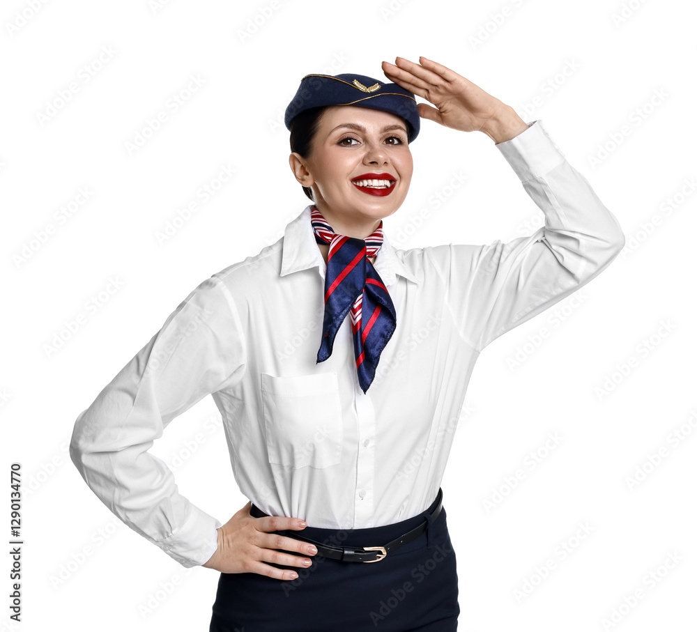 Portrait of smiling stewardess on white background Portrait of smiling stewardess on white background