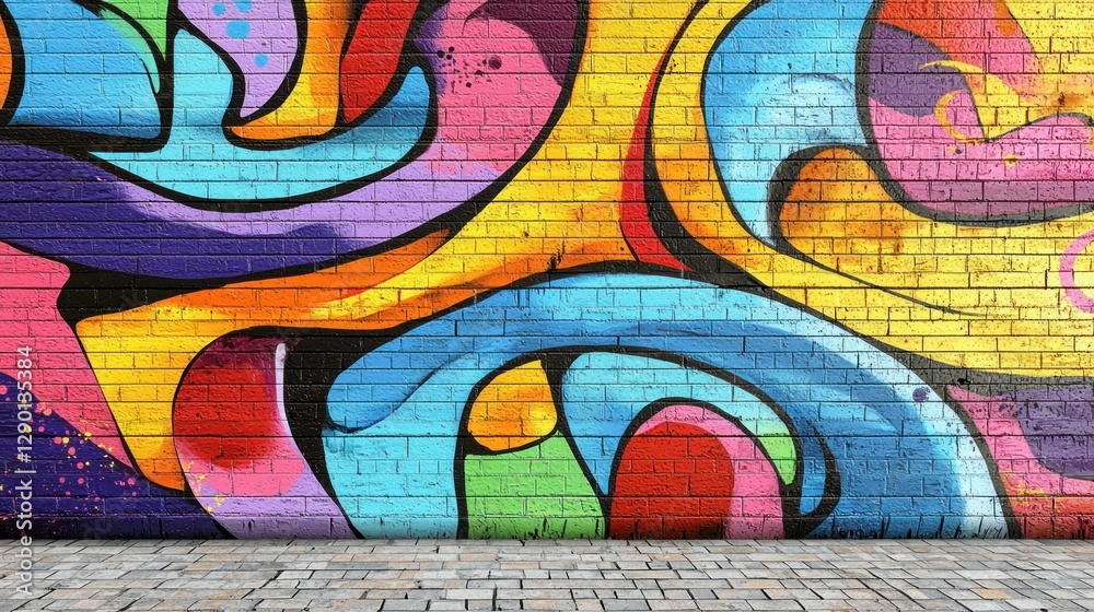 Fototapeta premium Vibrant Graffiti Art on Brick Wall Urban Expression Colorful Street Art Mural Artistic Wall Design Creative Background Modern Art Style