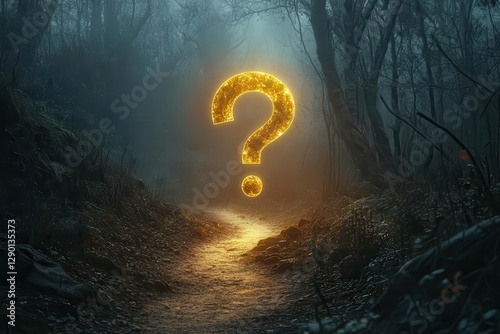 glowing golden question marks hover over misty path winding through dark forest, soft ethereal light pierces fog, mysterious business journey unfolds, enchanting uncertainty.