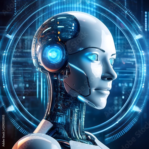 Abstract futuristic background with man, robot and digital elements symbolizing global technology, business and communication