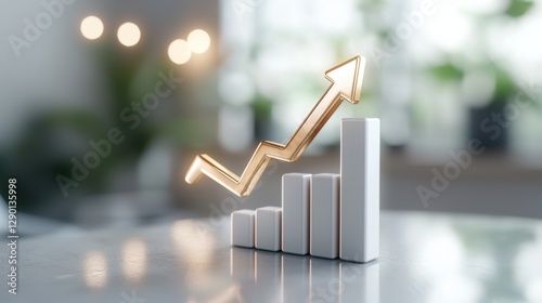 A 3Drendered image of a golden upwardpointing arrow resting on a white bar graph, symbolizing growth or succes