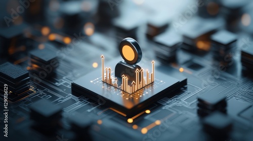 A futuristic circuit board with a human icon and glowing bar graph, symbolizing data analysis or AI.