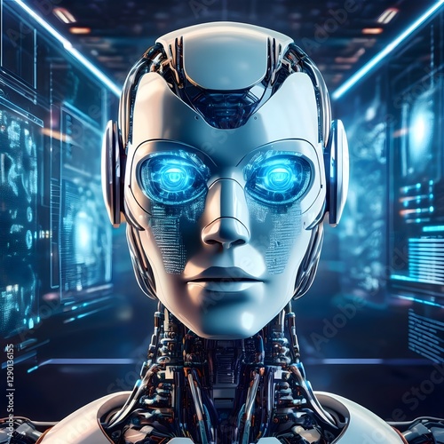 Abstract futuristic background with man, robot and digital elements symbolizing global technology, business and communication