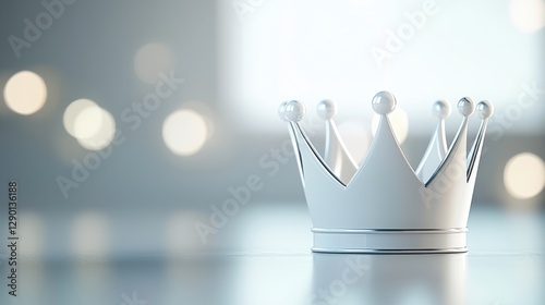 A silver crown placed on a smooth surface with a blurred background featuring soft, circular lights.
