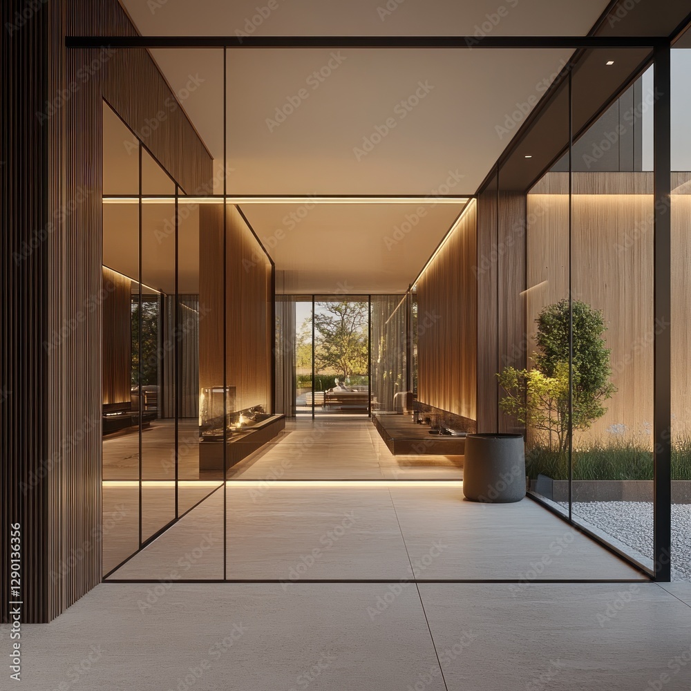 Obraz premium Modern interior hallway with glass walls, fireplace, and garden view