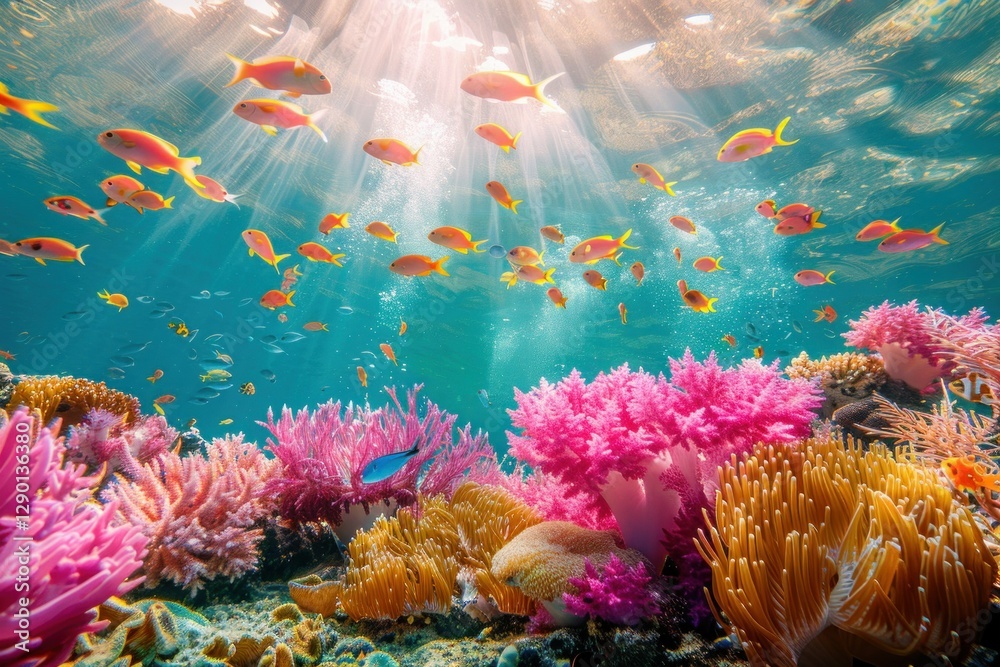 Naklejka premium Vibrant Coral Reef with Sunbeams