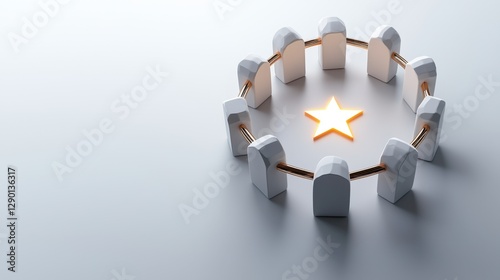 A glowing star is encircled by a ring of white, abstract figures with golden connectors on a neutral backgroun