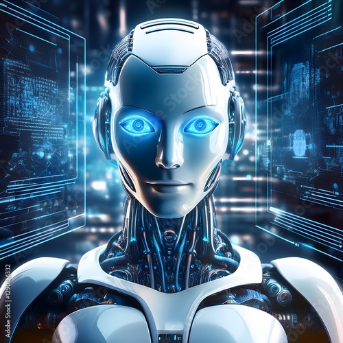 Abstract futuristic background with man, robot and digital elements symbolizing global technology, business and communication