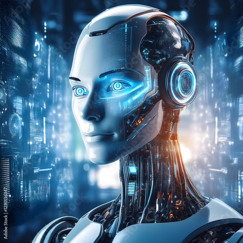 Abstract futuristic background with man, robot and digital elements symbolizing global technology, business and communication