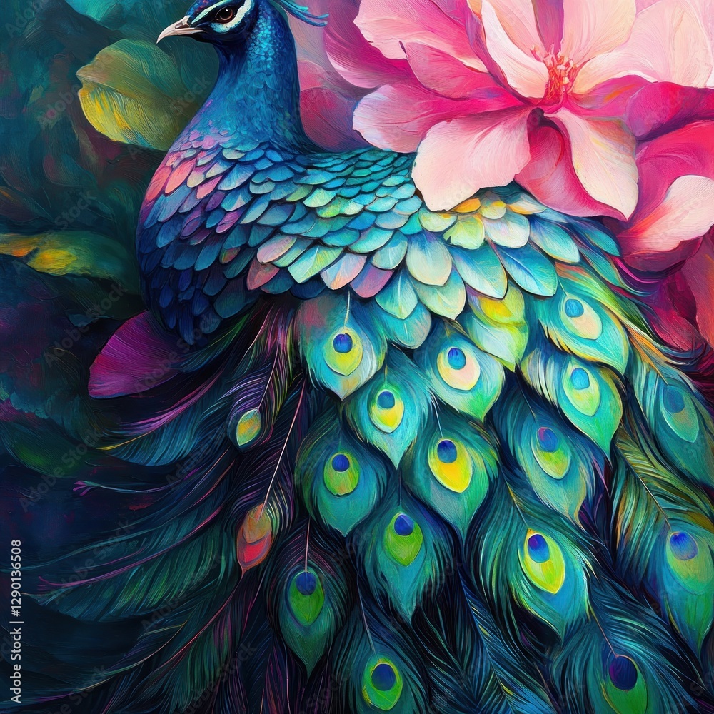 Obraz premium Artistic Peacock Portrait with Vibrant Plumage and Delicate Pink Blossom in Lush Garden Setting