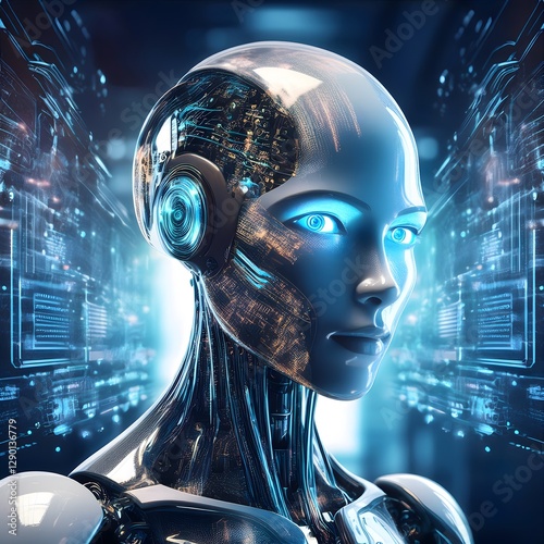 Abstract futuristic background with man, robot and digital elements symbolizing global technology, business and communication