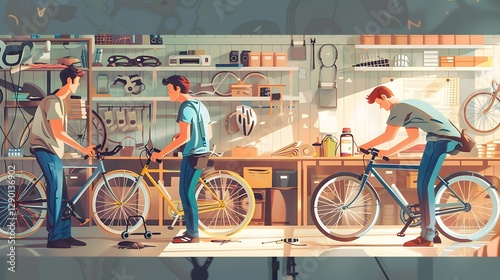 Friends Working on Bicycles in Artisanal Workshop with Tools and Bright Morning Light