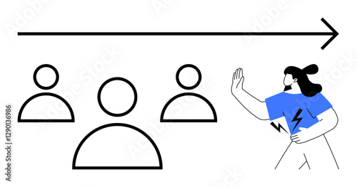 Person rejecting conformity, standing apart from group icons beneath forward-moving arrow. Ideal for leadership, individuality, progress, resistance, determination, empowerment, abstract line flat