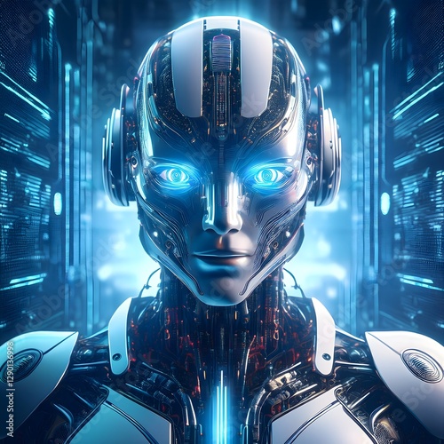 Abstract futuristic background with man, robot and digital elements symbolizing global technology, business and communication
