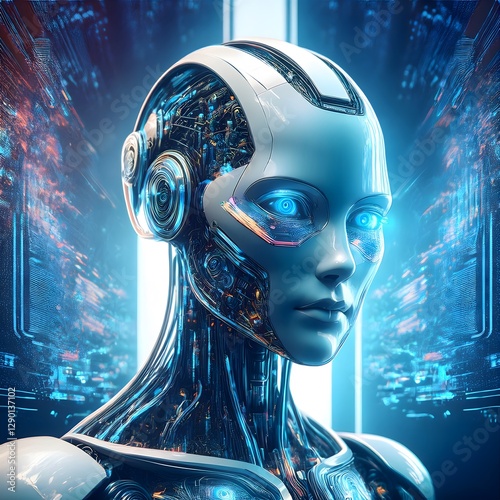Abstract futuristic background with man, robot and digital elements symbolizing global technology, business and communication