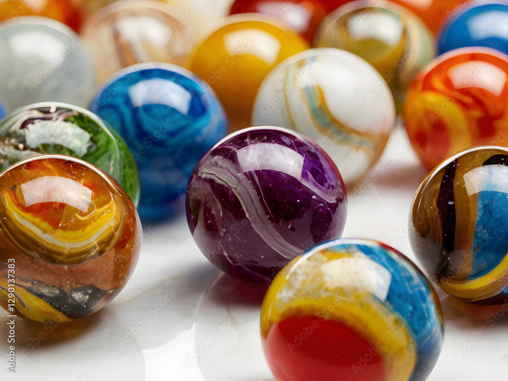 Marble Mania: A vibrant collection of colorful glass marbles, each with unique patterns and swirls, arranged in a close-up shot to showcase their glossy textures and intricate designs. Marble Mania: A vibrant collection of colorful glass marbles, each with unique patterns and swirls, arranged in a close-up shot to showcase their glossy textures and intricate designs.