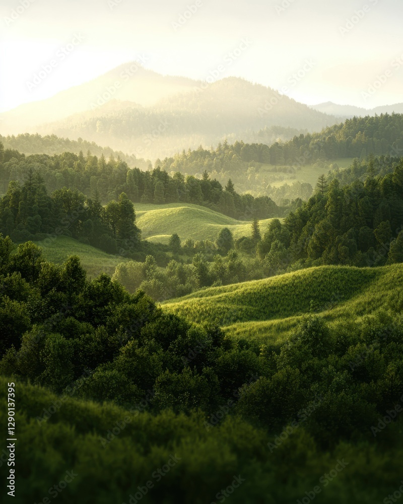 Fototapeta premium Tranquil sunrise overrolling hills majestic mountains nature landscape serene environment wide-angle view beauty of nature
