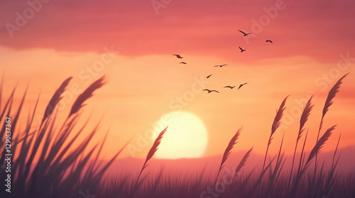 A serene sunset over a field of tall grass, with silhouettes of birds flying against a vibrant pink and orange sky.