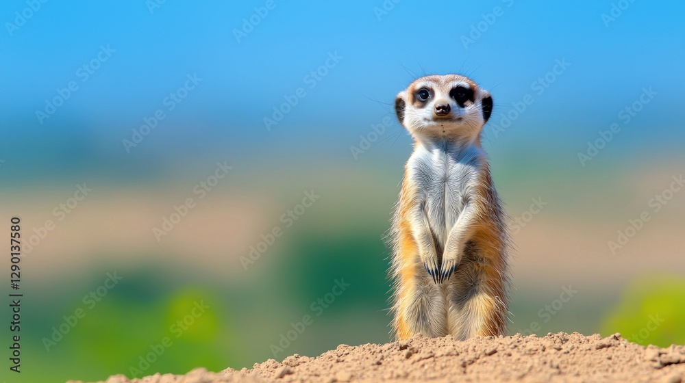 Fototapeta premium Alert meerkat standing upright on sandy mound against a clear blue sky in natural habitat