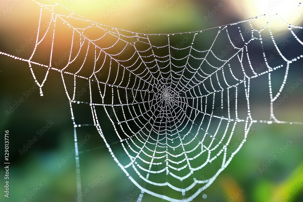 Naklejka premium Dew kissed spiderweb illuminated by soft sunlight in a serene morning nature scene