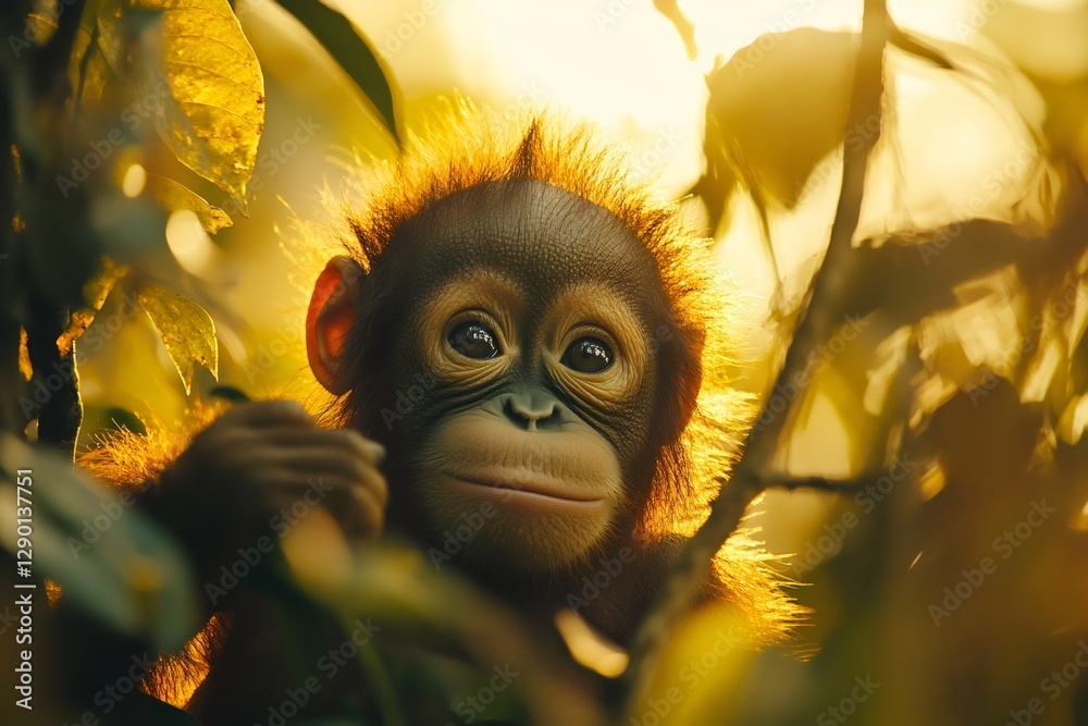 Fototapeta premium Baby orangutan looking through leaves in rainforest at sunset
