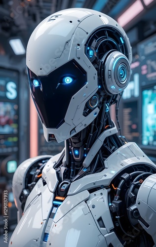 Abstract futuristic background with man, robot and digital elements symbolizing global technology, business and communication