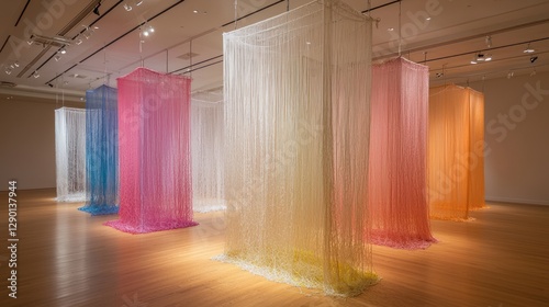 Captivating Art Installation Showcasing Suspended Colorful Strands in a Museum Setting with Warm Tones and Elegant Design for Creative Inspiration photo