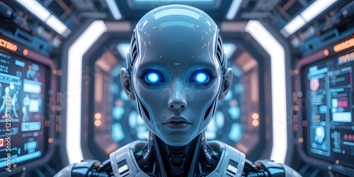 Abstract futuristic background with man, robot and digital elements symbolizing global technology, business and communication