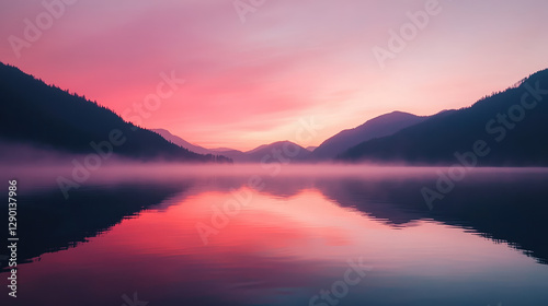 A serene sunset casts pink hues over a misty lake, reflecting mountains in the calm water, creating a tranquil and picturesque landscape.