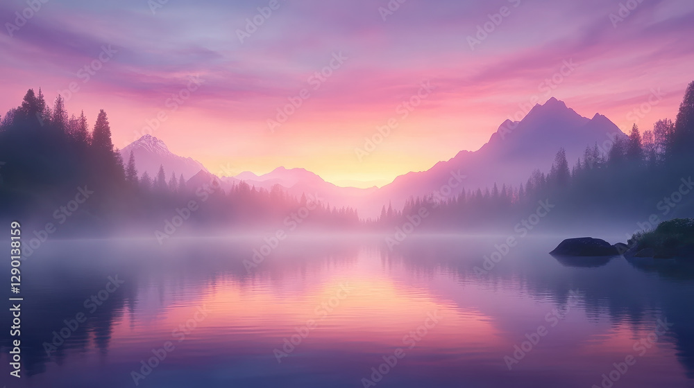 Fototapeta premium A serene landscape at dawn, showcasing misty mountains, a calm lake, and a vibrant pink and purple sky.