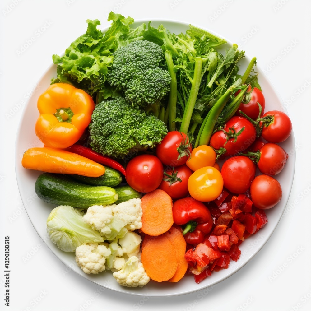 Fresh Colorful Vegetables Arranged Artistically on a Plate with Lush Greens, Bright Peppers, and Juicy Tomatoes Fresh Colorful Vegetables Arranged Artistically on a Plate with Lush Greens, Bright Peppers, and Juicy Tomatoes