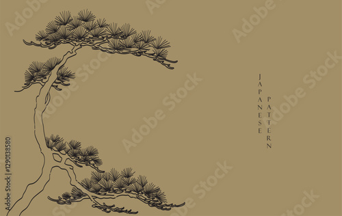 Black and gold bonsai tree or pine tree elements. Japanese background with Asian traditional icon vector. Natural art with brown background in vintage style.