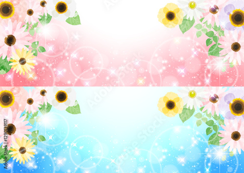 春の花キラキラバナーセット、かわいい、ピンク、青、イラスト、背景