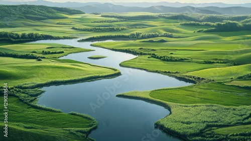 Serene Green Landscape with River and Lush Hills Under Clear Sky