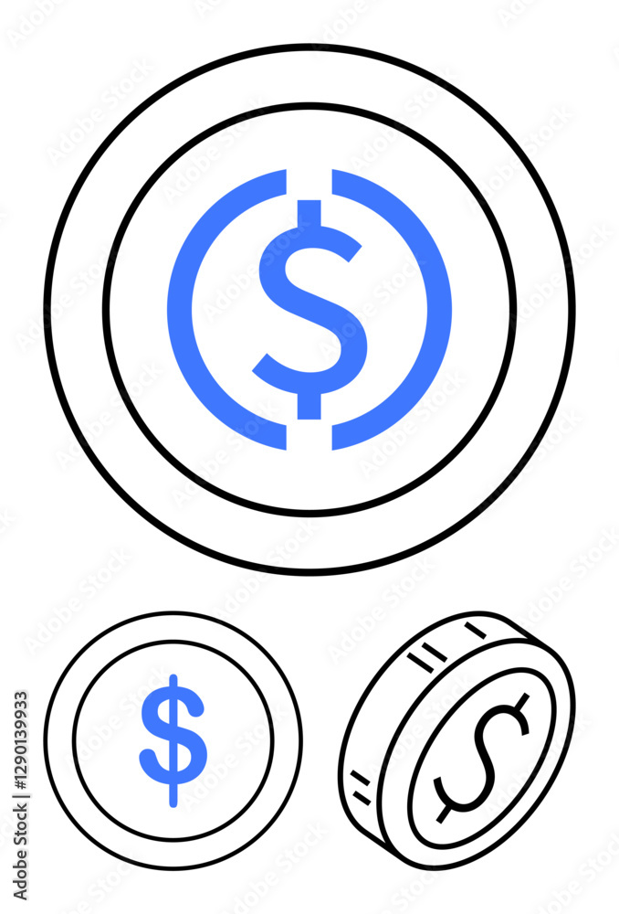 Dollar sign highlighted on three stylized coins in black and blue. Ideal for finance, banking, savings, investments, economy, cryptocurrency, budgets. Abstract line flat metaphor Dollar sign highlighted on three stylized coins in black and blue. Ideal for finance, banking, savings, investments, economy, cryptocurrency, budgets. Abstract line flat metaphor