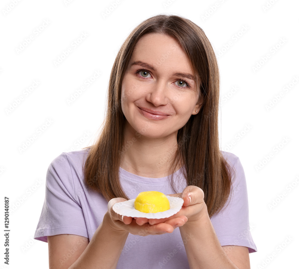 Woman with tasty mochi on white background Woman with tasty mochi on white background