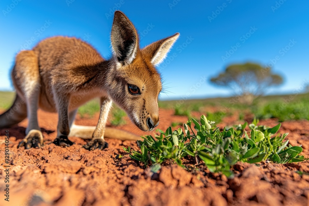 Fototapeta premium Adorable joey grazing on succulent green plants in the vast Australian outback under a clear blue sky with a distant tree