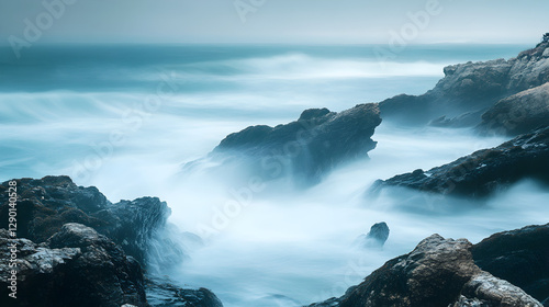 onto a rocky shoreline, captured in a dreamy, misty blur 