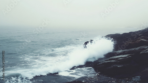 onto a rocky shoreline, captured in a dreamy, misty blur 