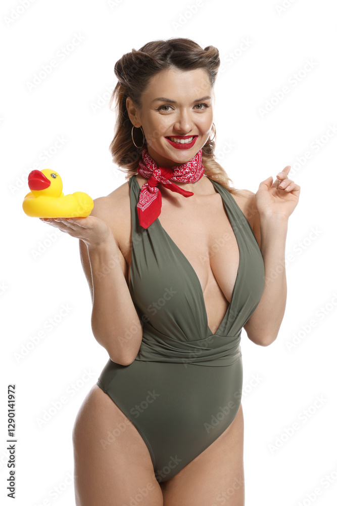 Happy pin-up woman in swimsuit with rubber duck on white background Happy pin-up woman in swimsuit with rubber duck on white background