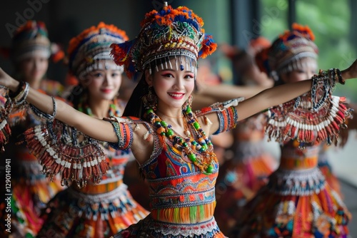 Smiling asian woman dancing traditional chinese dance with colorful ethnic dress photo