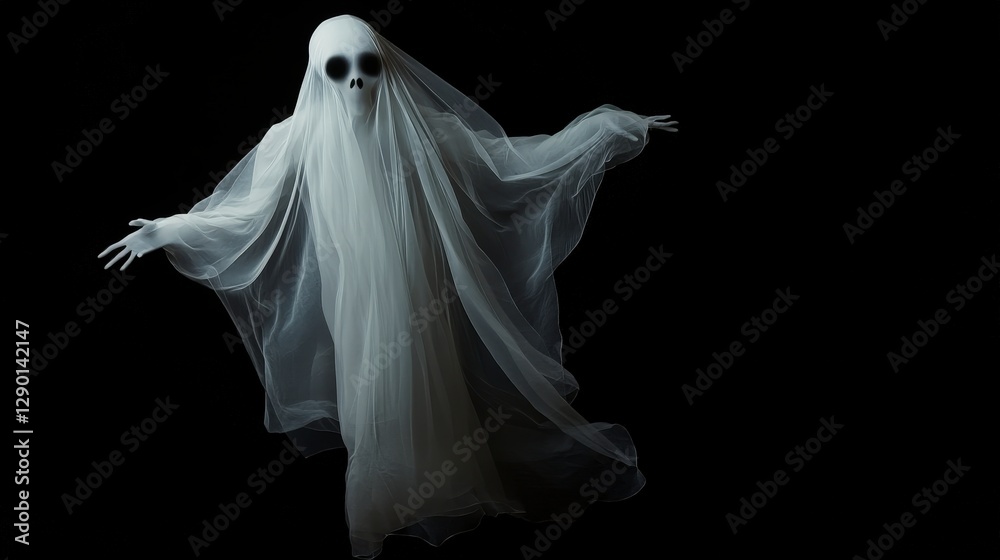 Ethereal Ghostly Figure Emerges from Darkness in Flowing White Fabric Ethereal Ghostly Figure Emerges from Darkness in Flowing White Fabric
