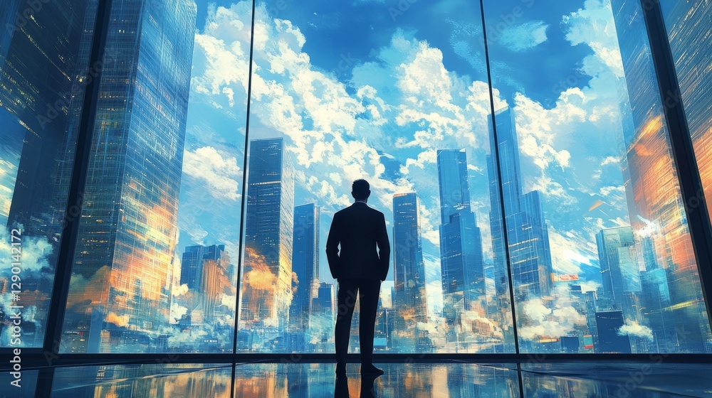Fototapeta premium A business man in a crisp suit, standing in a corner office, gazing at the skyline of giant, glass buildings