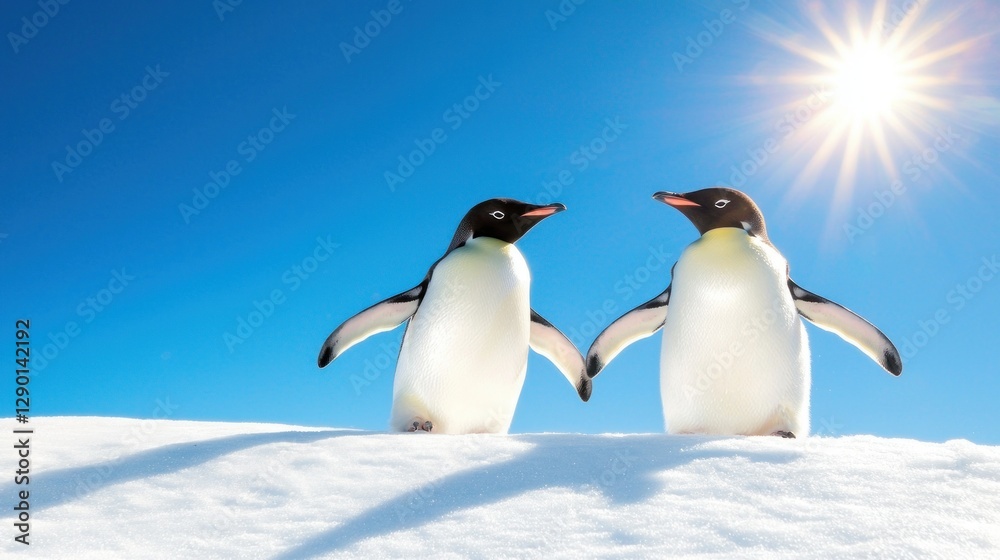 Fototapeta premium Two Adelie Penguins Standing on Snowy Hill Under Bright Sunlight Against Clear Blue Sky in Antarctica