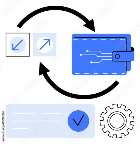 Digital wallet surrounded by arrows, growth icons, gears, and check mark symbolizing transaction workflow, financial management, automation, and progress. Ideal for finance apps, fintech user