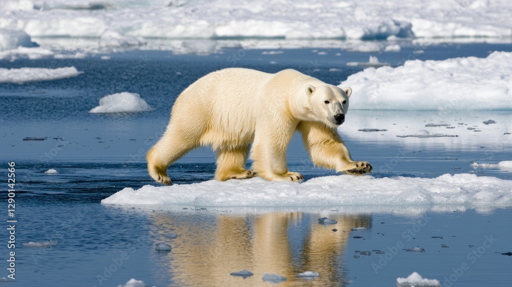 Majestic polar bear traversing icy floe in arctic waters reflecting serene glacial landscape under bright sunlight Majestic polar bear traversing icy floe in arctic waters reflecting serene glacial landscape under bright sunlight