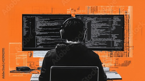 Artistic Collage of Computer Code and Software Development Illustration