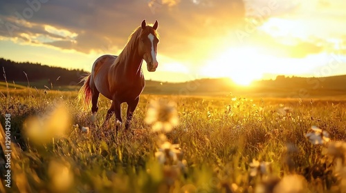 Majestic chestnut horse gallops through golden meadow at sunset capturing freedom and natural beauty in rural setting