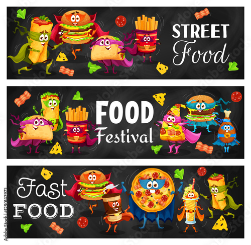 Cartoon fast food superhero characters. Street restaurant meals, takeaway food vector horizontal banner with burrito, hamburger, taco and french fries, pizza, chicken leg and coffee funny personages